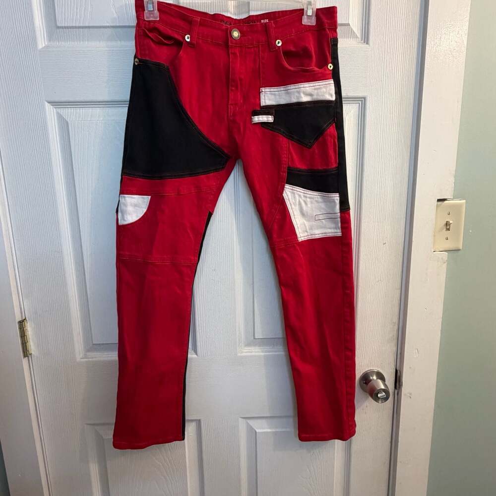Demolition Jeans Colorblock Red & Black Cargo Pants Size 34 Streetwear Standout